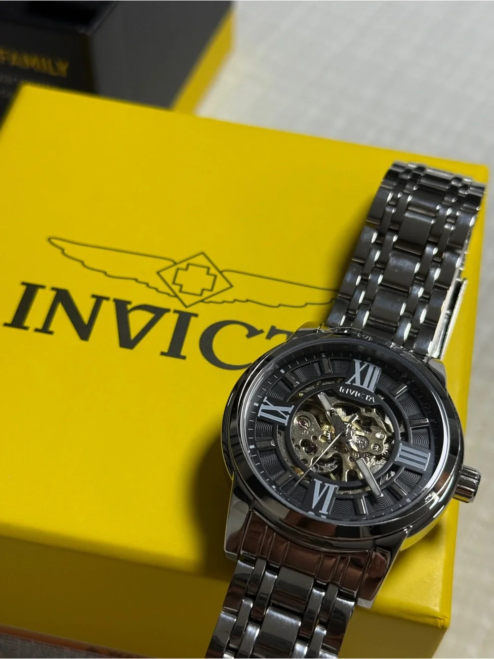 Invicta Silver Stainless Steel Men's Watch with Black Skeleton Dial